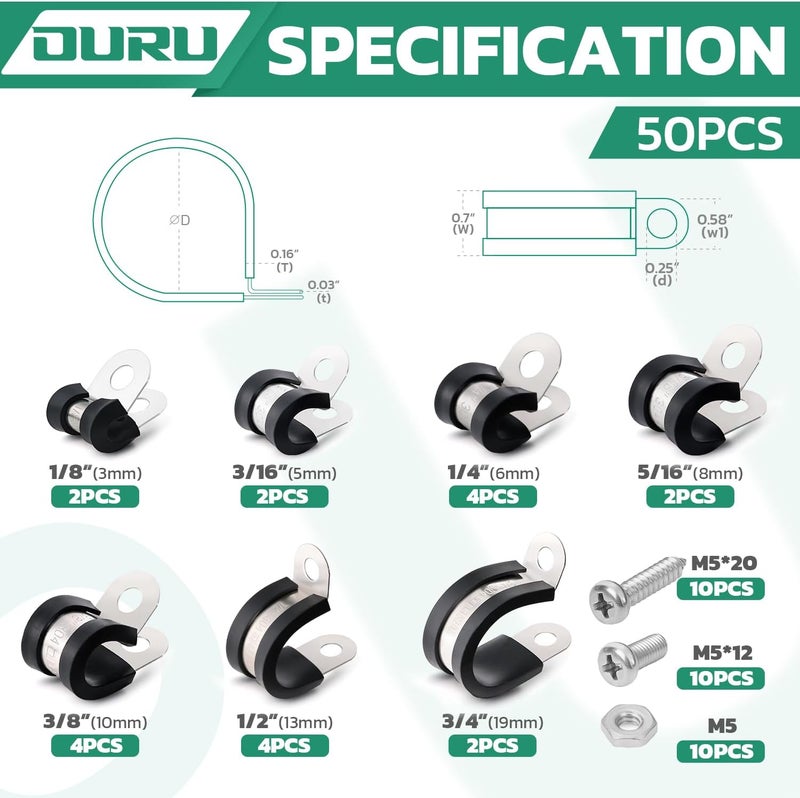 ORU 50PCS Cable Clamps with Screws Assortment Kit 304 Stainless Steel Rubber Coated Cushioned Insulated Cable Clamp,Automotive Wire Pipe Clamps 7 Sizes—1/8" 3/16" 1/4" 5/16" 3/8" 1/2" 3/4" - Image 2